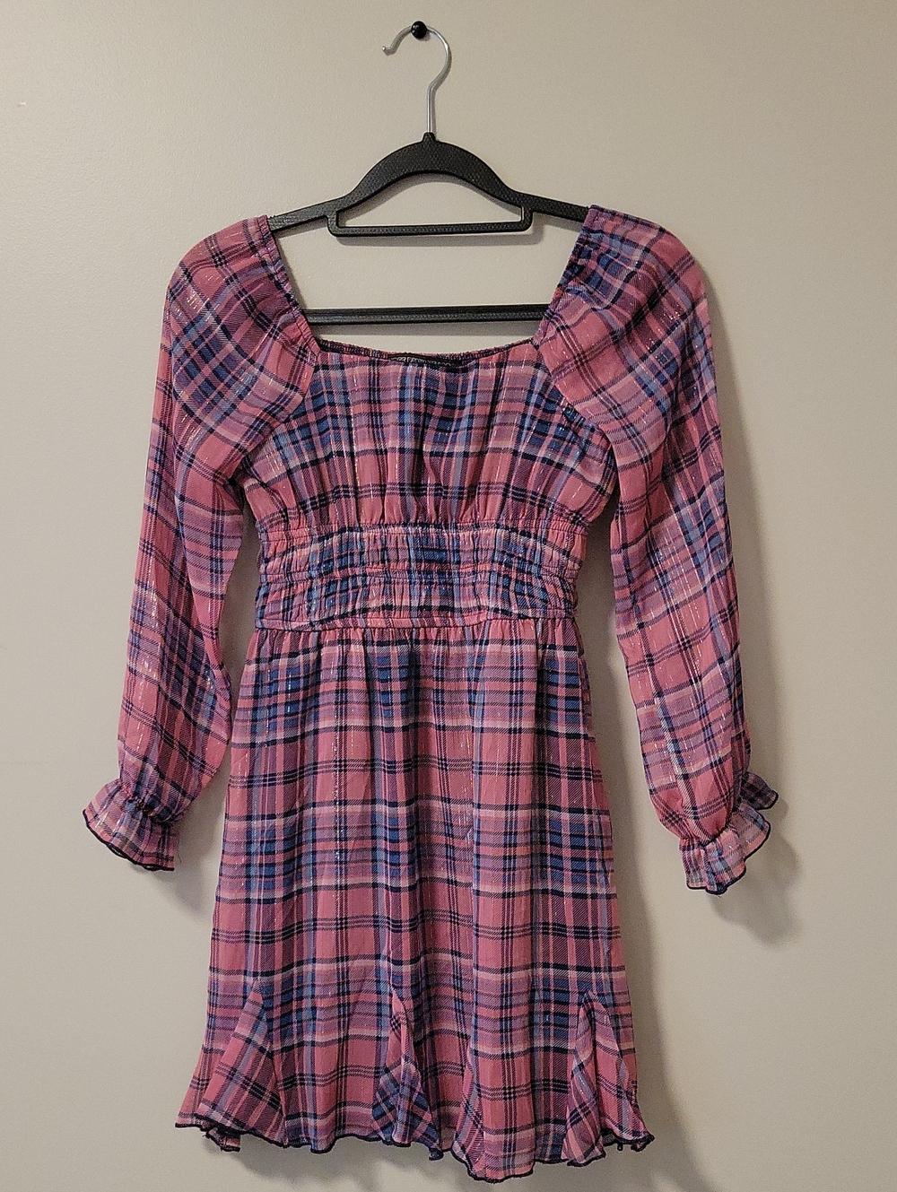 Three Hearts Pink Plaid Square-Neck Smocked Waist Dress